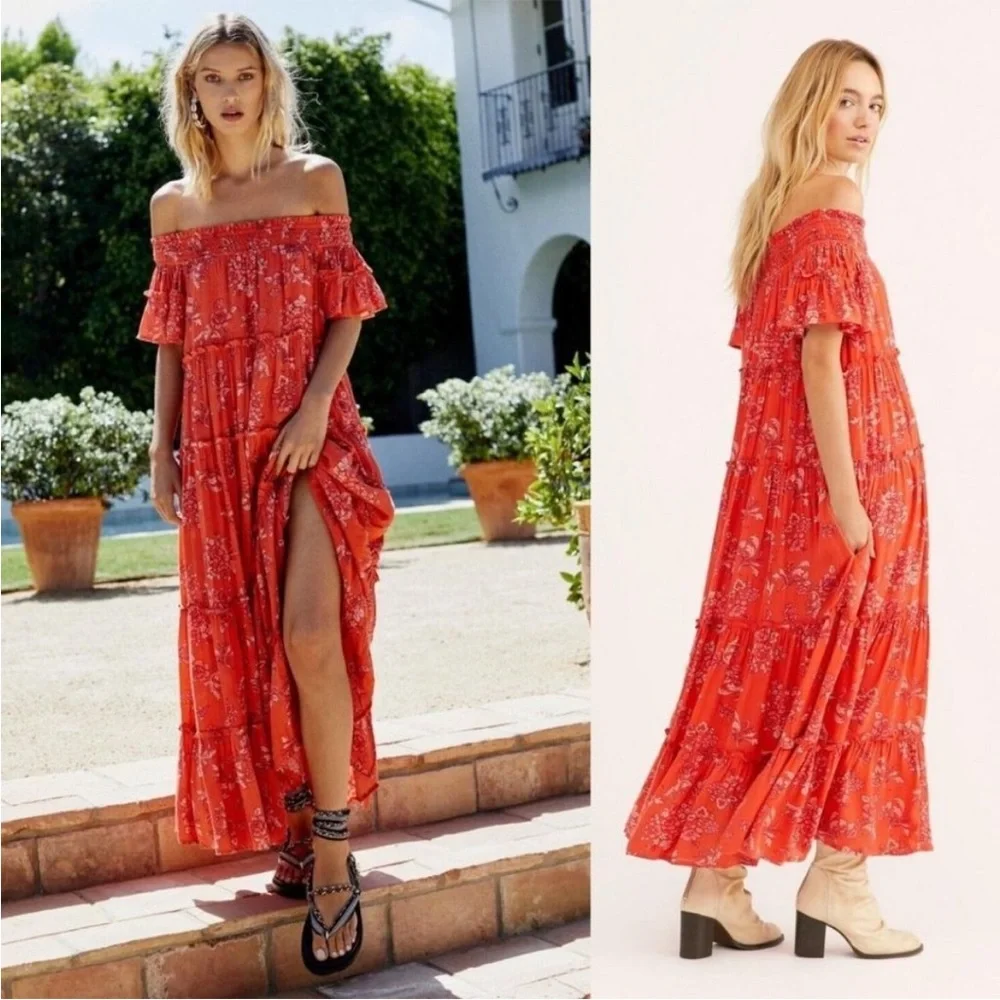Free People Barclay Dress Maxi Off The Shoulder Floral Ruffle Orange Red
